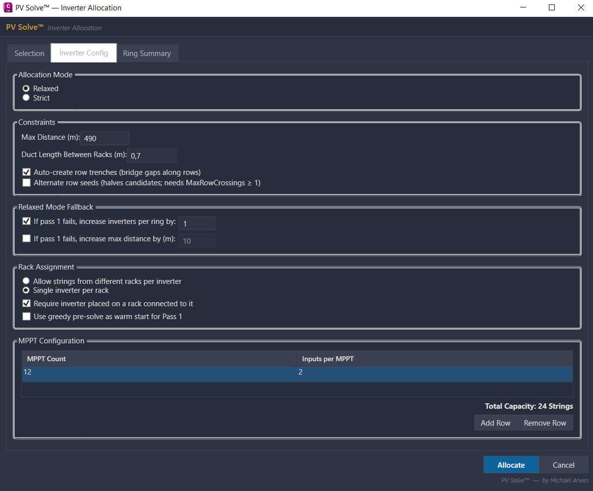 Inverter configuration and allocation settings UI