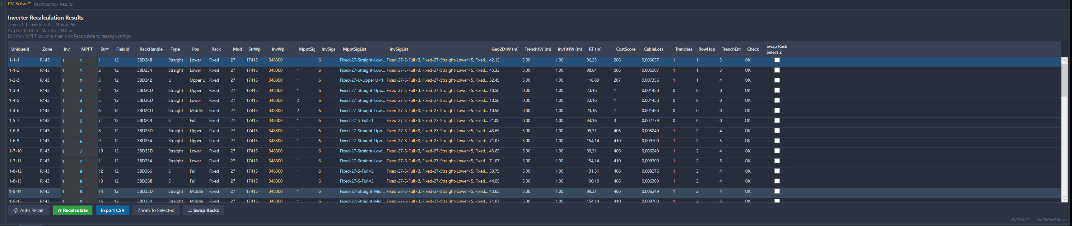 PV Solve Civil 3D plugin interface showing utility-scale solar rack placement