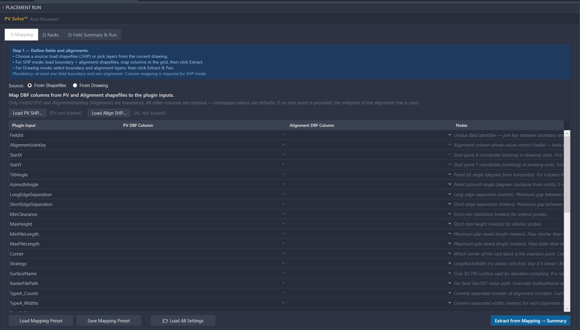 PV Solve UI - Import PV field shapefiles or use drawing objects as fields