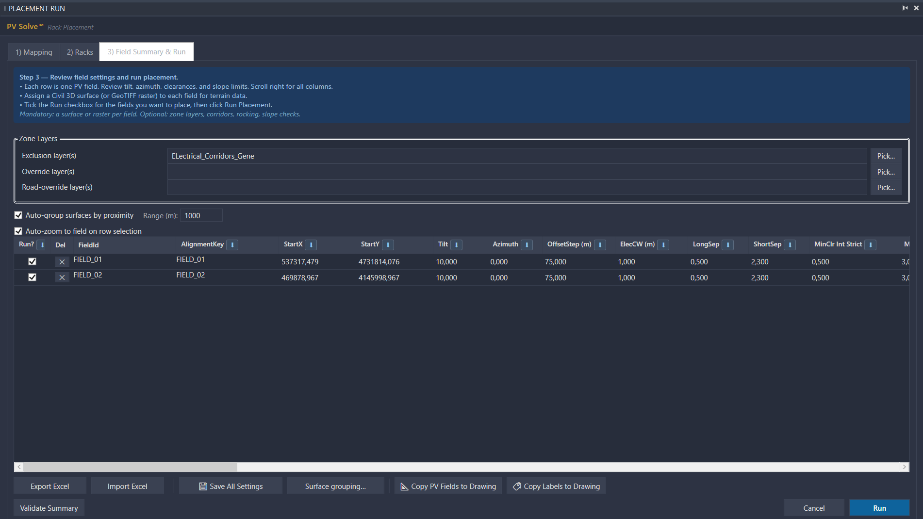 PV Solve UI - Field settings spreadsheet
